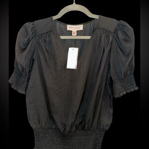 Philosophy Black V-Neck Puff Sleeve Smocked-Waist Blouse